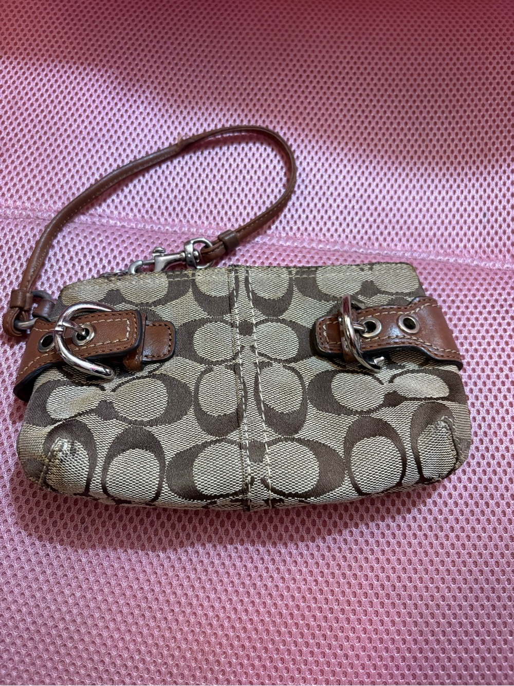 COACH Y2K Beige and Brown Signature Canvas Wristlet with Leather Trim